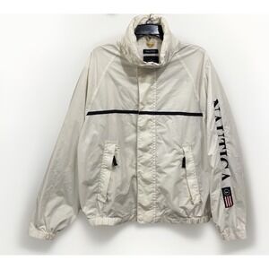 Vintage Nautica Windbreaker Jacket L Gorpcore Full Zip Hooded White Outdoor